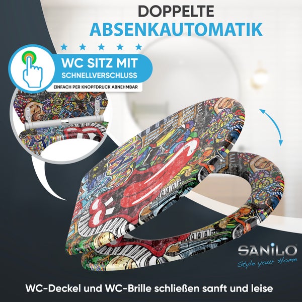 Sanilo Toilettensitz mit buntem Rock-Graffiti-Motiv, doppelter Absenkautomatik und Schnellverschluss zum Abnehmen per Knopfdruck. Sanilo Logo.