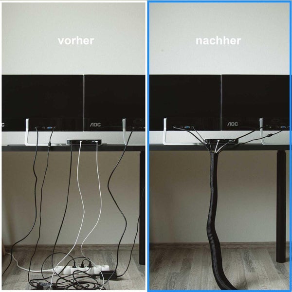 Vorher und Nachher Vergleich von Kabelmanagement am Schreibtisch mit Kabelkanal für ordentliche Kabelführung der Computer Monitore