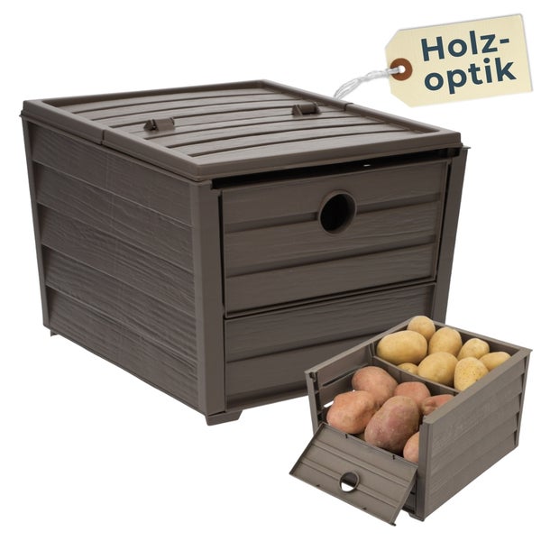 Kartoffelhorde aus Kunststoff in Holzoptik mit herausnehmbarer Schublade.