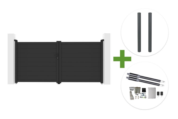 Zweiflügeliges Gartentor inklusive zwei Pfosten und elektrischem Drehtorantrieb mit Fernbedienungen und Montagematerial.