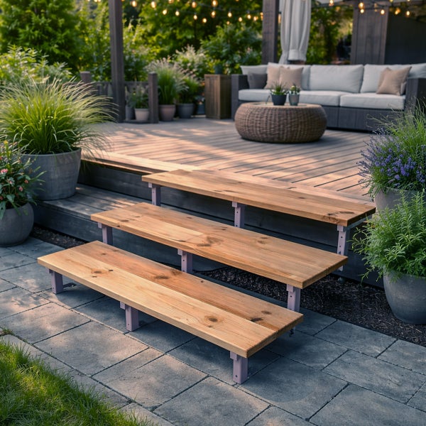 Holztreppe mit drei Stufen im Außenbereich, umgeben von Pflanzen und Gartenmöbeln