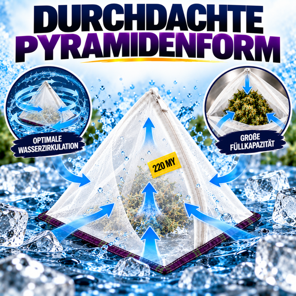 Pyramidenförmiger Extraktionsbeutel mit 220 Mikrometer Siebgewebe für optimale Wasserzirkulation und große Füllkapazität für Pflanzenmaterial