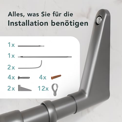 Erica Duschvorhangstange L-form & U-form - 4-in-1 System für Badewanne oder Dusche - Duschstange Ecke - Stahl mit Pulverbeschichtung - Ohne Deckenhalterung - Grau