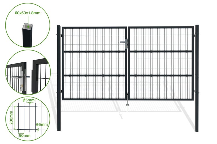 Doppelflügeltor für Stabmattenzaun 3m RAZO 300B160 Anthrazitgrau