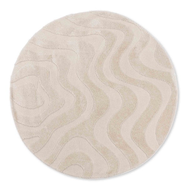 Runder Teppich in Beige mit einem strukturierten Wellenmuster.