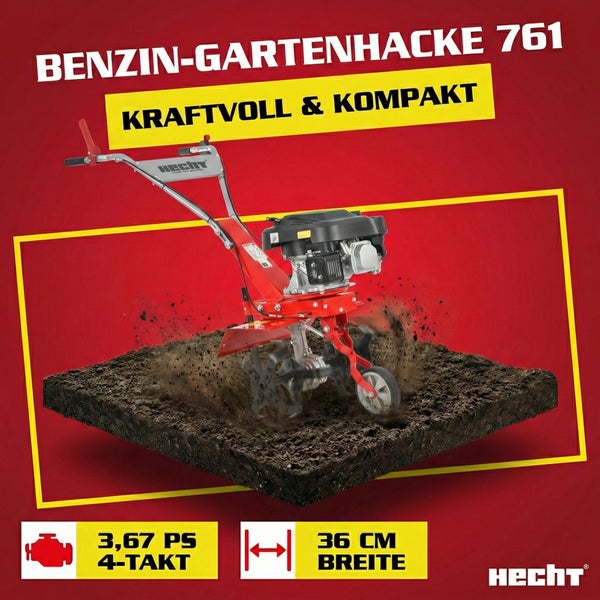 Hecht Benzin Gartenhacke 761 auf einem Erdhaufen