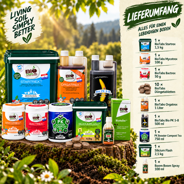 BioTabs Set für lebendigen Boden mit verschiedenen Düngern und Bodenhilfsstoffen für das biologische Pflanzenwachstum auf einem Holzstumpf.