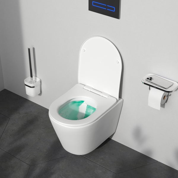 Wandhängendes WC mit Toilettenbürste, Spülkasten und Toilettenpapierhalter in einem Badezimmer