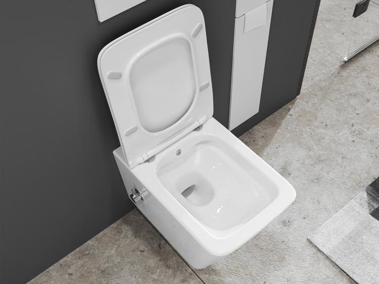 Wandhängendes Tiefspül-WC mit offenem Spülrand und WC-Sitz