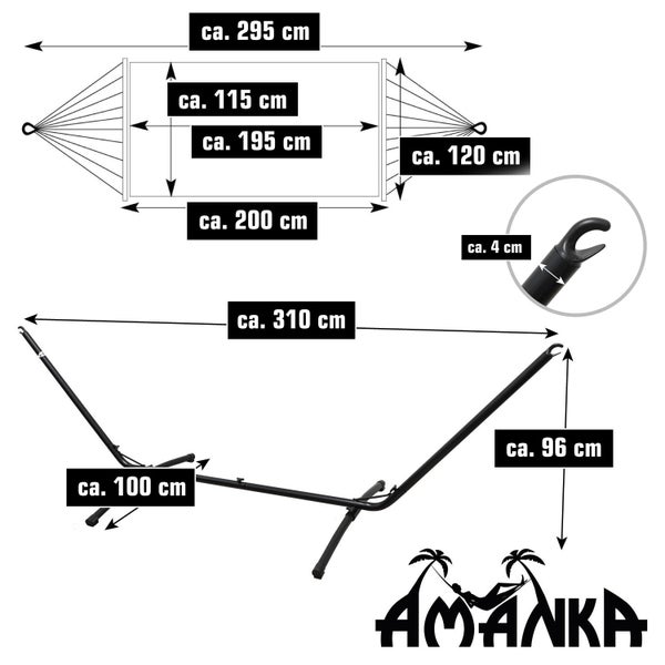 Amanka Hängematte und Gestell mit Maßen: Hängematte circa 295 Zentimeter lang, Gestell circa 310 Zentimeter lang. Amanka Logo.