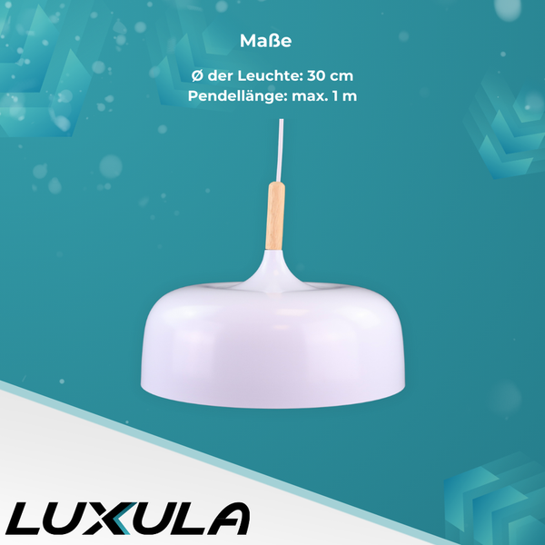 Weiße Hängelampe mit Holzdetail und einer Lampenschirmdurchmesser von 30 cm