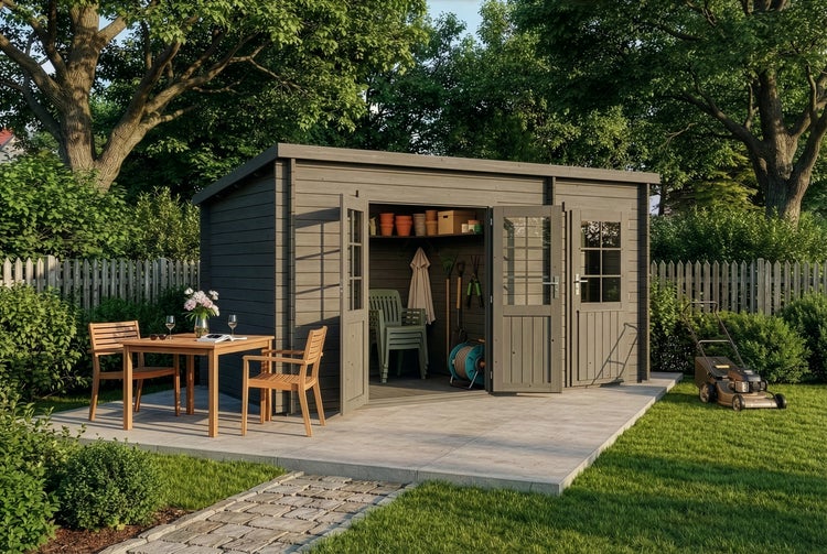 Modernes Gartenhaus aus dunkelgrauem Holz mit Flachdach und Glastüren auf einer Terrasse mit Holzmöbeln in einem hellen, organisierten Garten.
