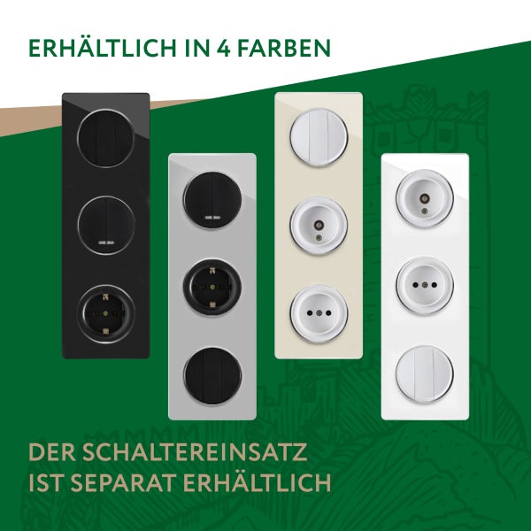 Vier verschiedene Schalterrahmen für Steckdosen und Lichtschalter, Schaltereinsätze sind separat erhältlich.