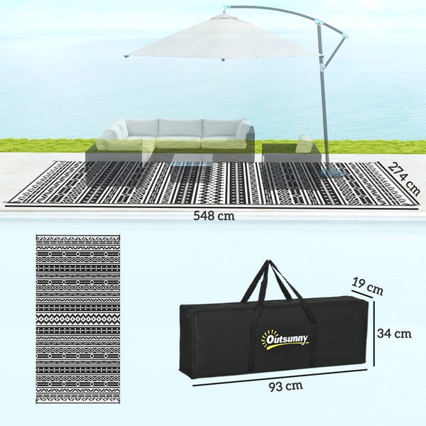 Outsunny Outdoor Teppich robuster Wetterfest Outdoorteppich, faltbar Carpet mit Boho-Style, Outdoor-Teppich für Wohnzimmer Balkon Garten Terrasse Bad Flur Küche, 548 x 274 cm Schwarz+Weiß