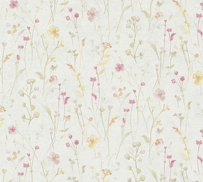 Tapete mit dezentem Wiesenblumenmuster und filigranen Gräsern