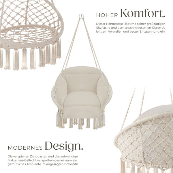 Hängesessel im Boho-Stil mit Makramee-Geflecht, Zierquasten und Polsterkissen.