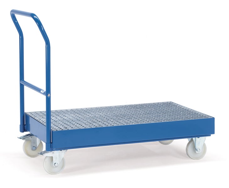 Blauer Plattformwagen mit Gitterboden und Griff