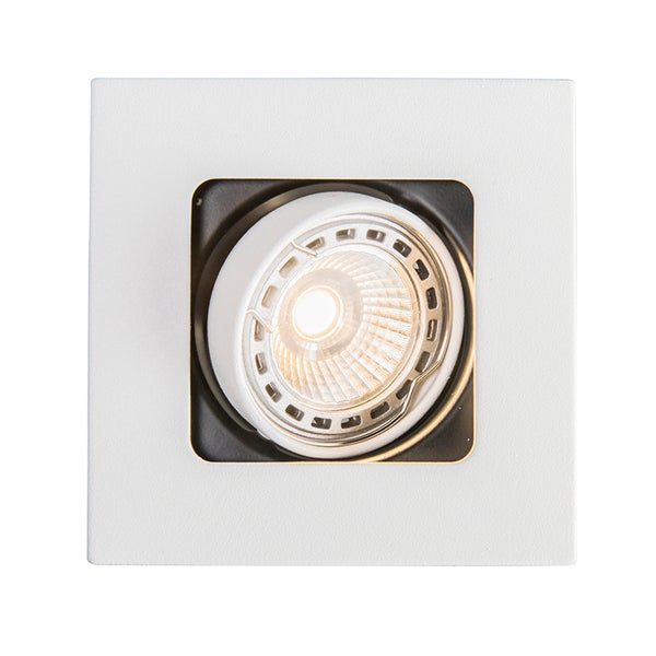 Quadratischer Einbaustrahler in Weiß, schwenkbar, mit eingesetztem LED-Leuchtmittel.