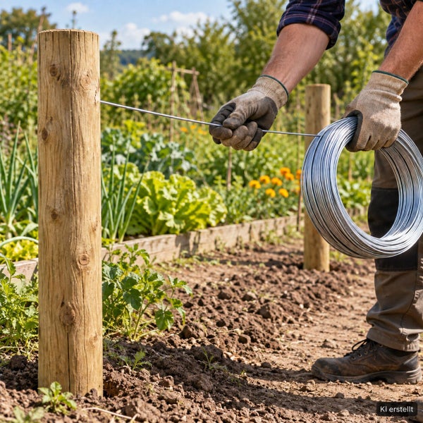 Person befestigt Spanndraht an einem Holzpfosten im Gartenbau
