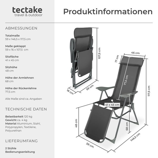 2er Set Gartenstuhl tectake Jana 146,5 x 59 x 117,5 cm klappbar anthrazit