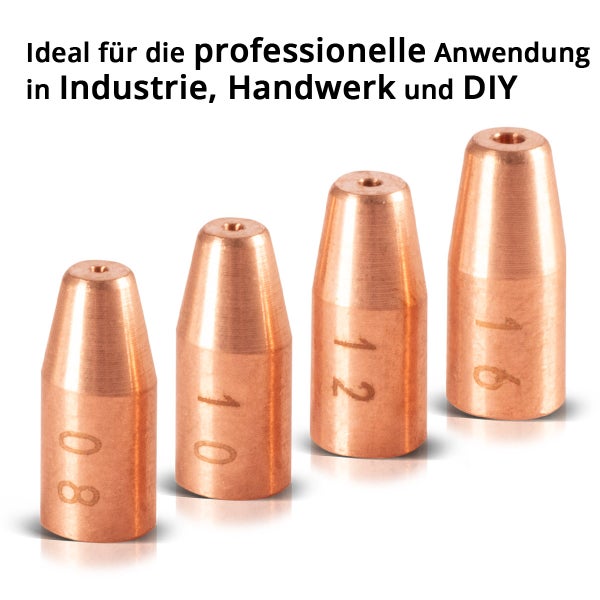 Vier verschiedene Stromdüsen aus Kupfer für Schweißgeräte