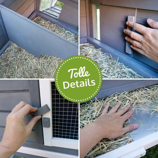 Detailaufnahmen eines Kleintierstalls aus Holz mit Schiebetür, Riegelverschluss und herausziehbarer Bodenwanne mit Stroh.