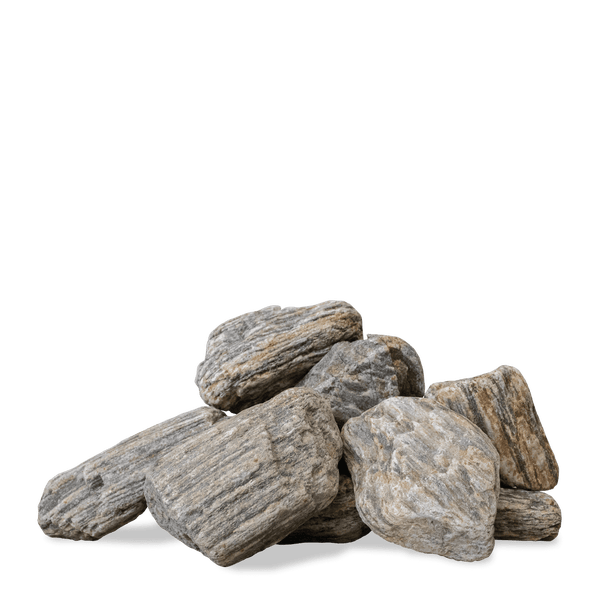 Haufen strukturierter Natursteine für die Gartengestaltung und Dekoration.
