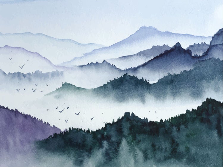 Aquarellmalerei einer Berglandschaft mit Bäumen und Vögeln