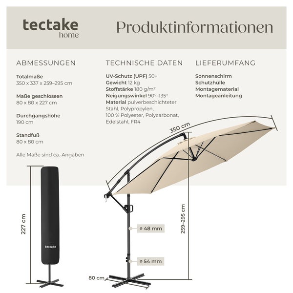 Produktinformationen zum tectake Ampelschirm mit Maßen in Zentimeter, technischen Daten wie UV-Schutz 50 plus und Neigungswinkel 90 bis 135 Grad.