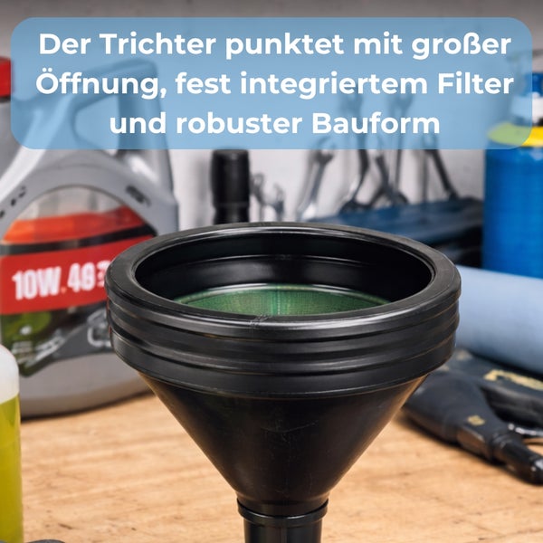 Schwarzer Trichter mit integriertem Filter für Flüssigkeiten