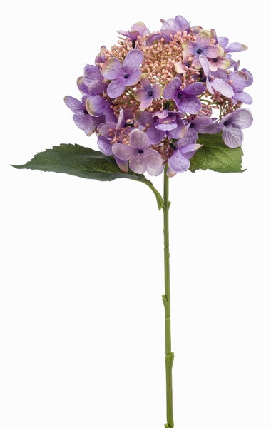 Künstliche Hortensie am Stiel mit violetten Blüten und grünen Blättern