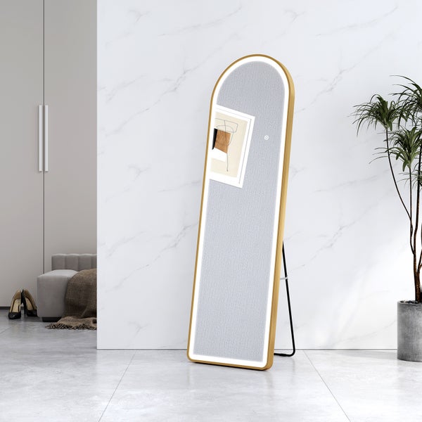 EMKE Bogen Standspiegel Gold, 147 x 45 cm, Ganzkörperspiegel mit LED-Beleuchtung, 3 einstellbare Lichtfarben und dimmbar, Aluminiumrahmen, ideal für Wohn-, Schlaf-, Aufenthalts- und Ankleidezimmer