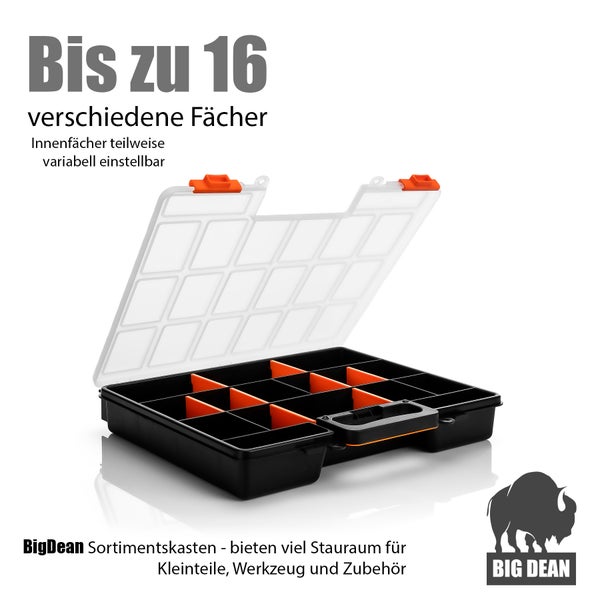 BigDean 2 Stück Sortimentskasten stapelbar 38x33x6cm praktische Sortierbox mit 16 Fächern – Werkzeugkoffer leer Organizer Box Sortierkasten - Sortierboxen für Kleinteile - Made in Italy