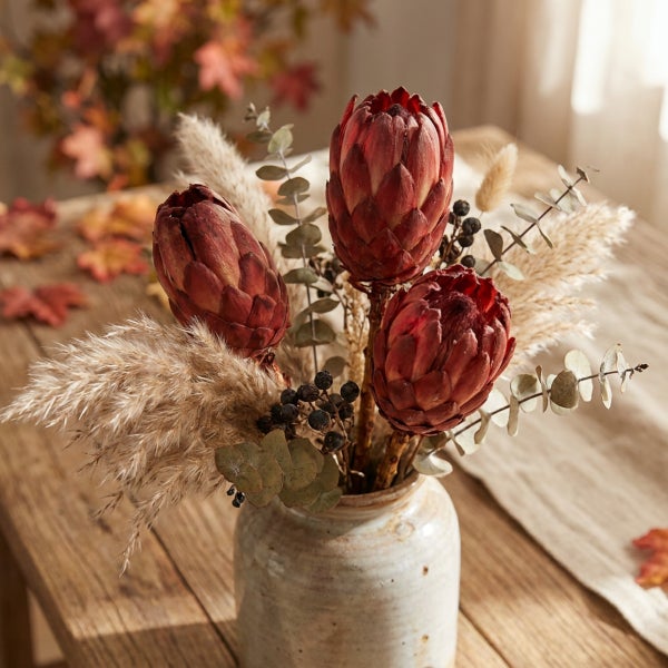 Herbstliches Bouquet aus Proteen, Pampasgras und Eukalyptus in einer rustikalen Keramikvase auf einem Holztisch.