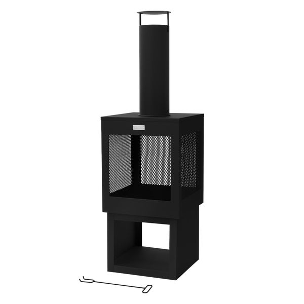 ML-Design Gartenkamin mit Schornstein, 128x40 cm eckig Schwarz, Stahl, Outdoor Terrassenofen mit Schürhaken, abnehmbarem Dach, Holzablage, Terrassenkamin als Feuerschale/Feuerkorb für Garten & Camping