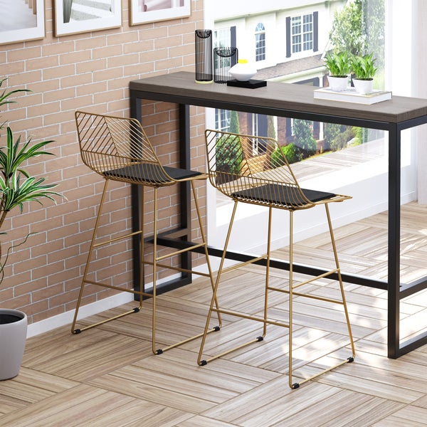 HOMCOM 2er-Set Barhocker, Bistrohocker mit Fußstütze, Kissen, Barstuhl, Küchenstuhl mit Stahlbeinen für Wohnzimmer, Esszimmer, Gold, 46 x 56 x 95 cm