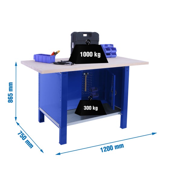 Werkbank BUFFALO WOOD mit Schrank | HxBxT 86,5x120x75cm | Traglast 1000kg | Blau
