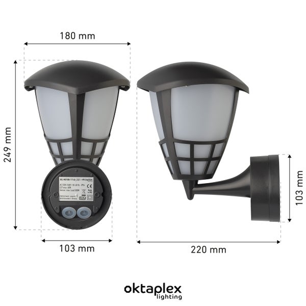 Bel Außenlampe mit Bewegungsmelder IP54 E27 2700K warmweiß 806lm Glühbirne anthrazit Außenleuchte 230V Bewegungsmelder