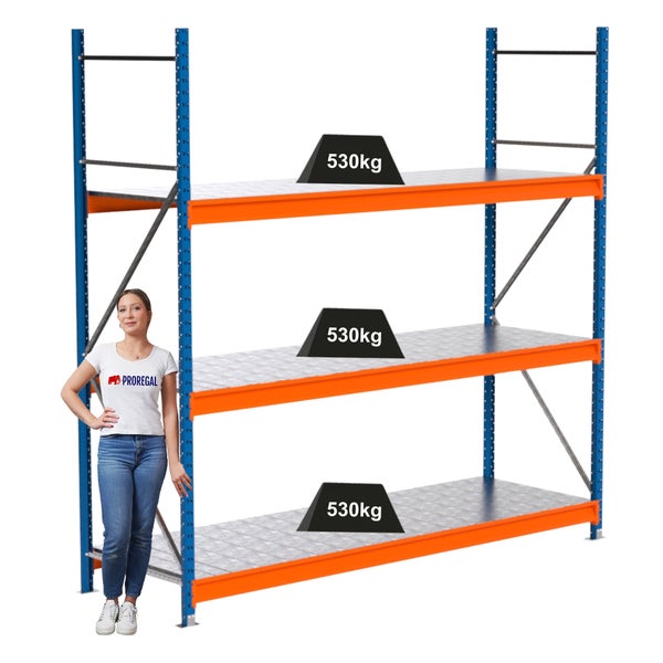 Lagerregal mit drei Ebenen und einer Traglast von 530 Kilogramm pro Ebene