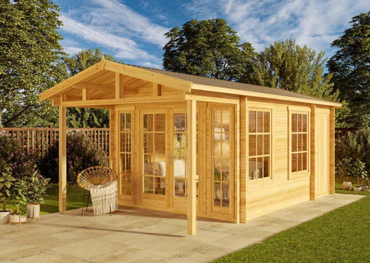 Alpholz Gartenhaus Kim-Avant 40 Gartenhaus aus Holz in natur, Holzhaus mit 40 mm Wandstärke inklusive Terrasse, Blockbohlenhaus mit Montagematerial imprägniert 3,4x6m