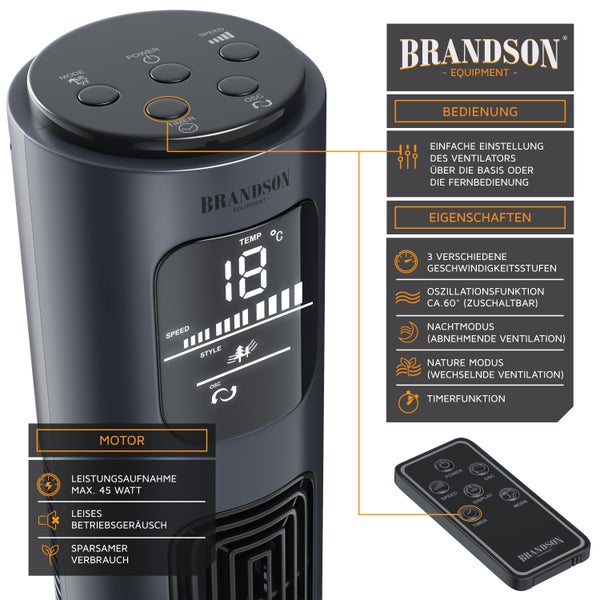 Brandson Turmventilator, 60° oszillierend, Standventilator, GS, mobiler Lüfter, Säulenventilator inkl. Fernbedienung, 96 cm, Ventilator