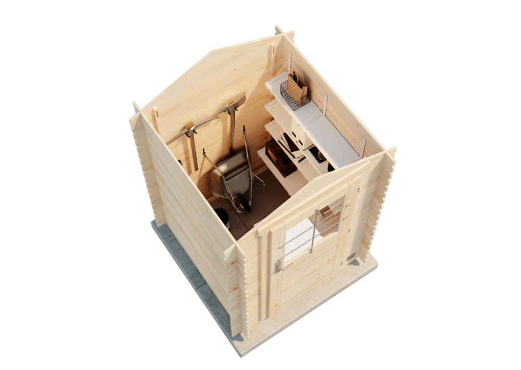 Einblick von oben in ein kleines Gartenhaus aus hellem Holz mit Regalen, Schubkarre und Werkzeugen, organisiert und hell.