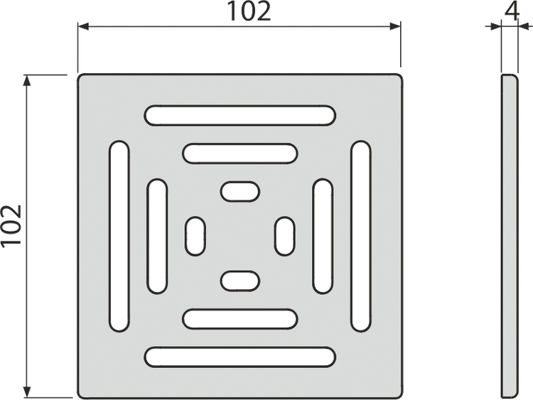 Maßzeichnung eines quadratischen Lüftungsgitters, 102 mal 102 Millimeter, Dicke 4 Millimeter.