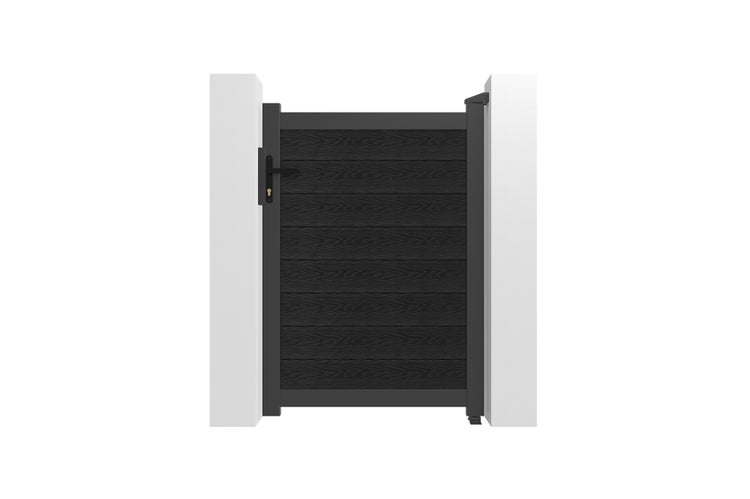 Einflügeliges Gartentor mit horizontalen Lamellen in Holzoptik, Metallrahmen, inklusive Drückergarnitur und zwei Pfosten.