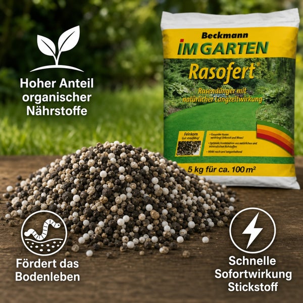 Beckmann Rasofert Rasenduenger 5 kg fuer 100 Quadratmeter zur Bodenverbesserung mit organischer Langzeitwirkung und schneller Stickstoffwirkung