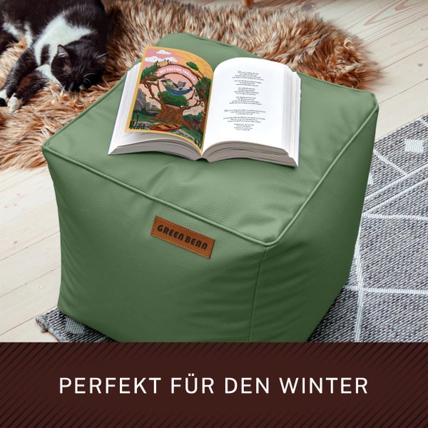 Einrichtungsszene mit einem grünen Sitzhocker, einem aufgeschlagenen Buch und einer Katze im Hintergrund.