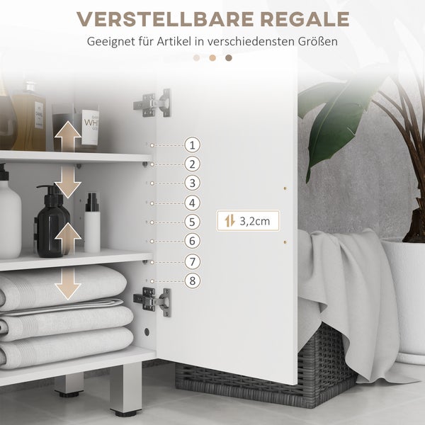kleankin Badezimmerschrank Beistellschrank mit 2 Hochglanzweiß Schubladen, Tür, Badschrank mit Verstellbarem Regal, Aufbewahrungsschrank für Wohnzimmer 60 x 30 x 93 cm