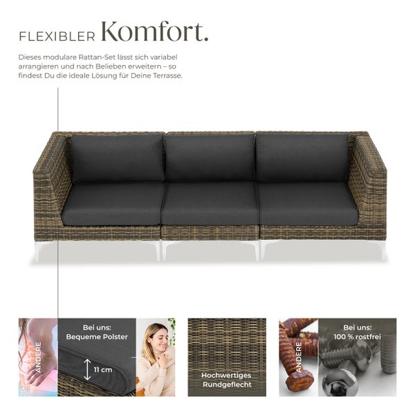 Modulares Rattanset tectake Villanova kein Aufbau Sessel und Eckelemente mit Aluminiumgestell anthrazit-meliert
