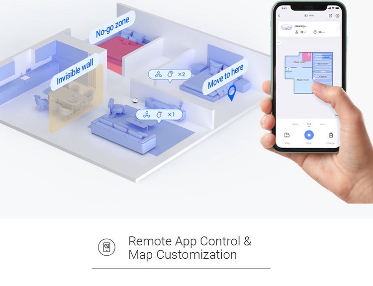 Visualisierung einer Wohnung mit Zonen für Reinigungsroboter, die per App gesteuert werden.