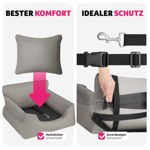 Hundeautositz tectake Milow 55 x 50 x 29 cm mit Sicherheitsleine und 2 Befestigungsgurten, längenverstellbar grau
